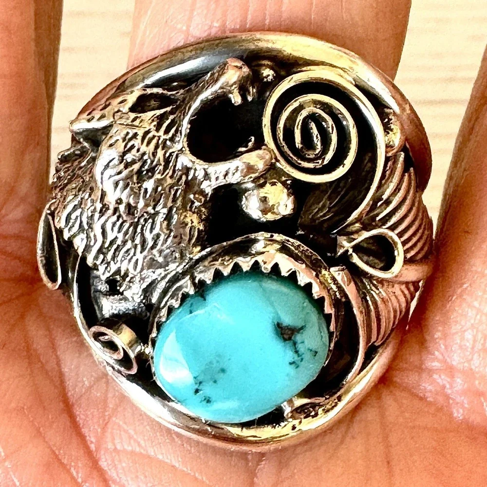 Navajo Wolf Turquoise Mens‎ Ring Sz 13 Sterling Signed Saunders Howling Nugget